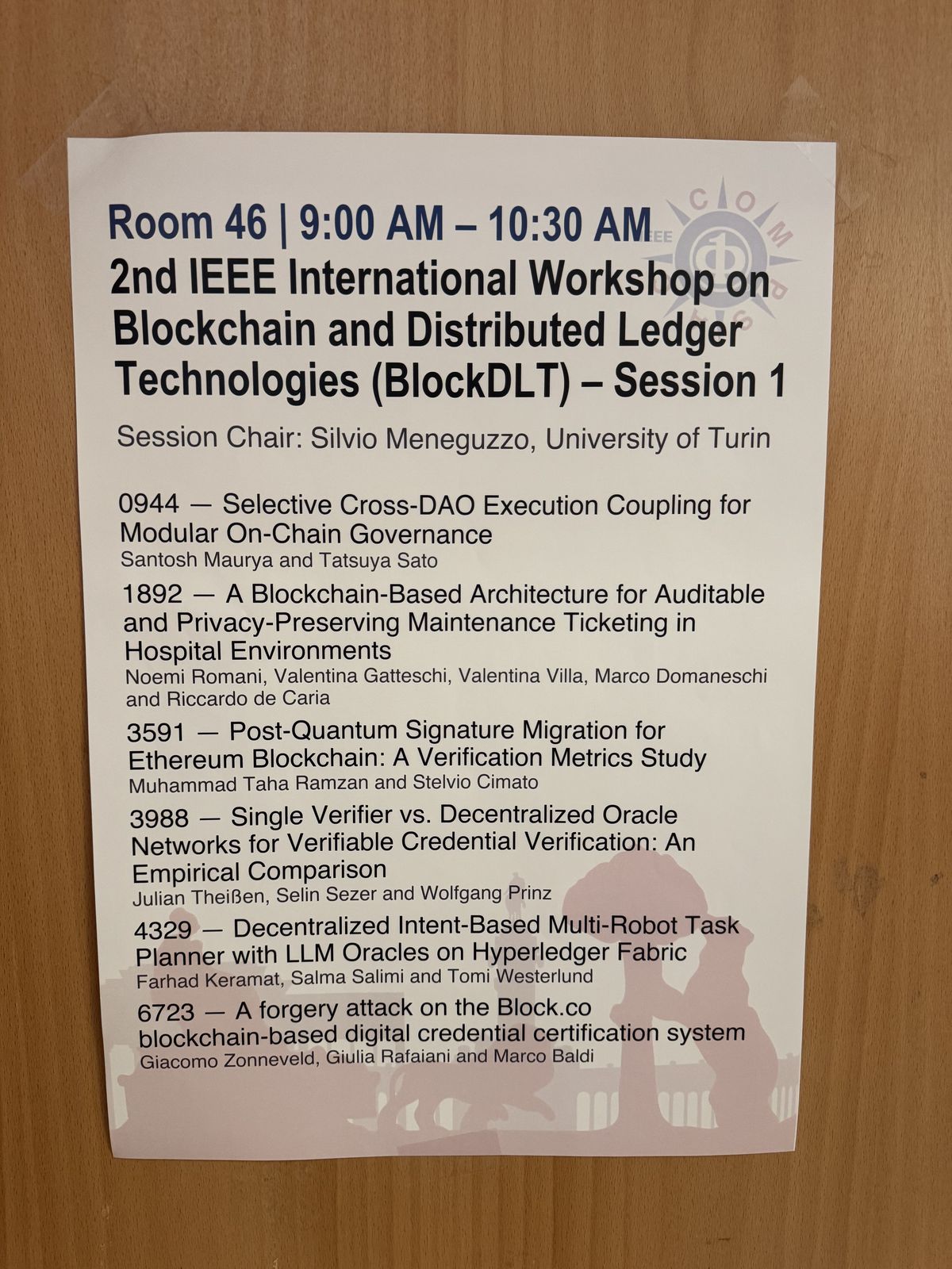 Printed program of the BlockDLT 2026 workshop session chaired by Silvio Meneguzzo